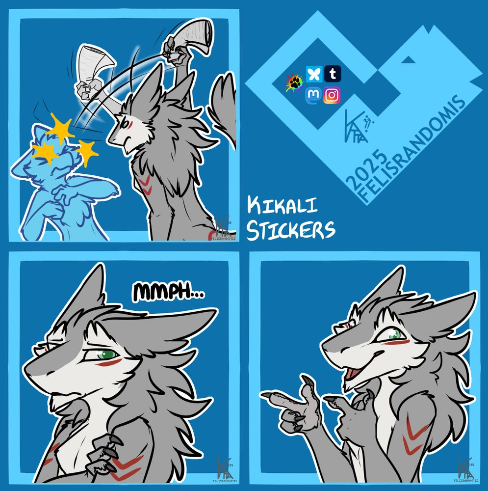 Digital art of a sergal character made for telegram/discord stickers. Smacking a YCH with a newspaper, looking uncomfortable, and finger guns