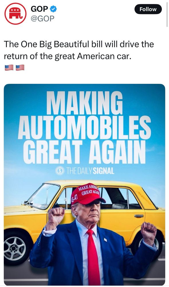 Image of the  president in front of a yellow Soviet made Lada 2105 with the caption "Making Automobiles Great Again"