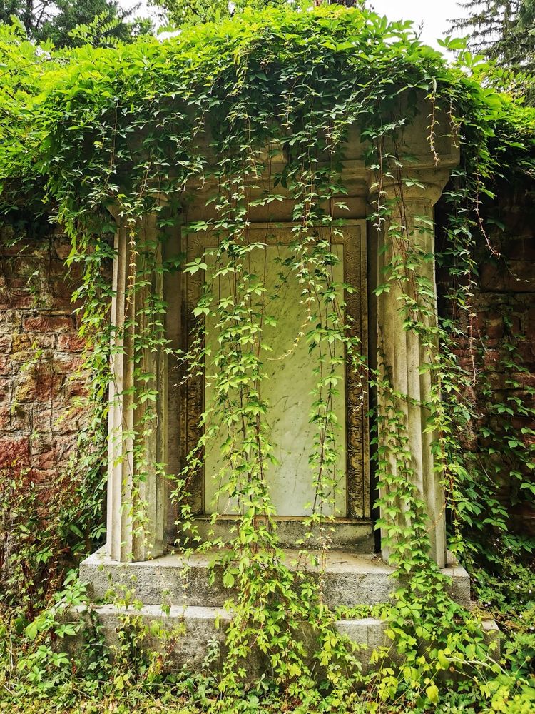 Tombstone looking like a small temple covered with ivy tendrils.
Hauptfriedhof Frankfurt am Main 
