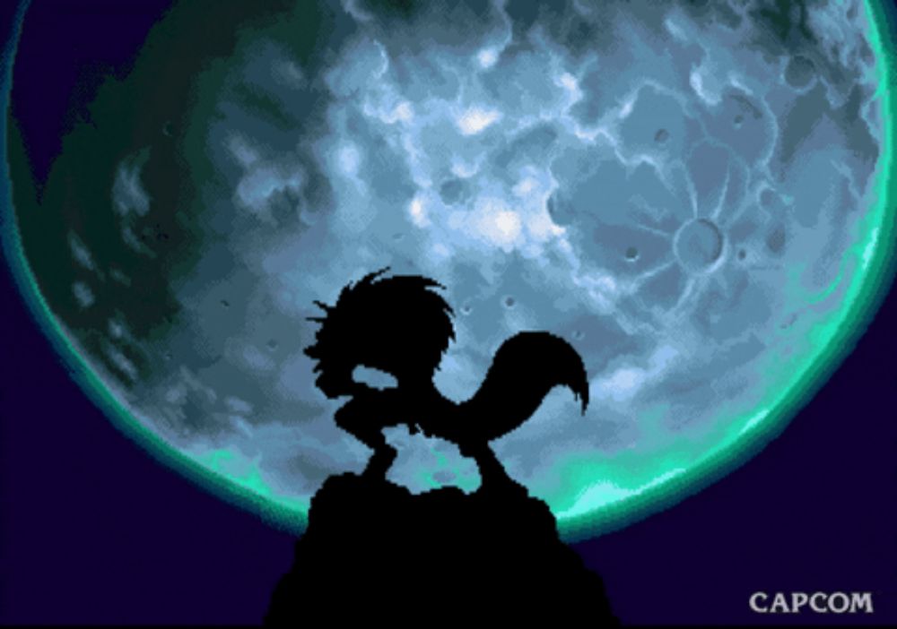 a silhouette of a person standing in front of a full moon with capcom written on the bottom right