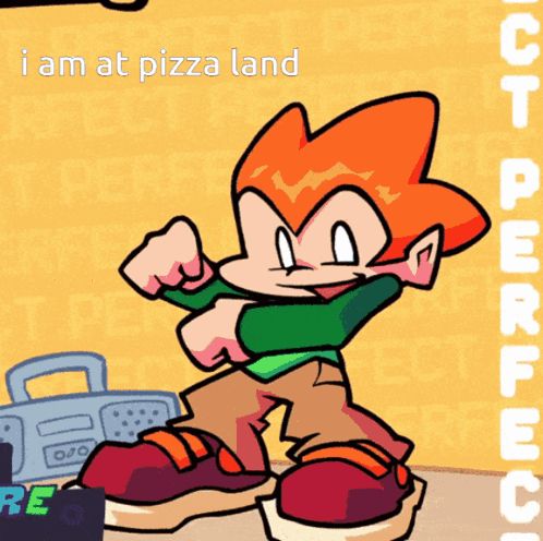 a cartoon character with the words i am at pizza land on the bottom