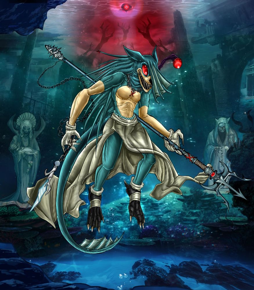 So yes that is a statue of Lord X's true form, and also one featuring his Son faker, the statues orginally were about the triad, but such is a reilc of the past for X, this temple was long sunken to the waters of sorrow.