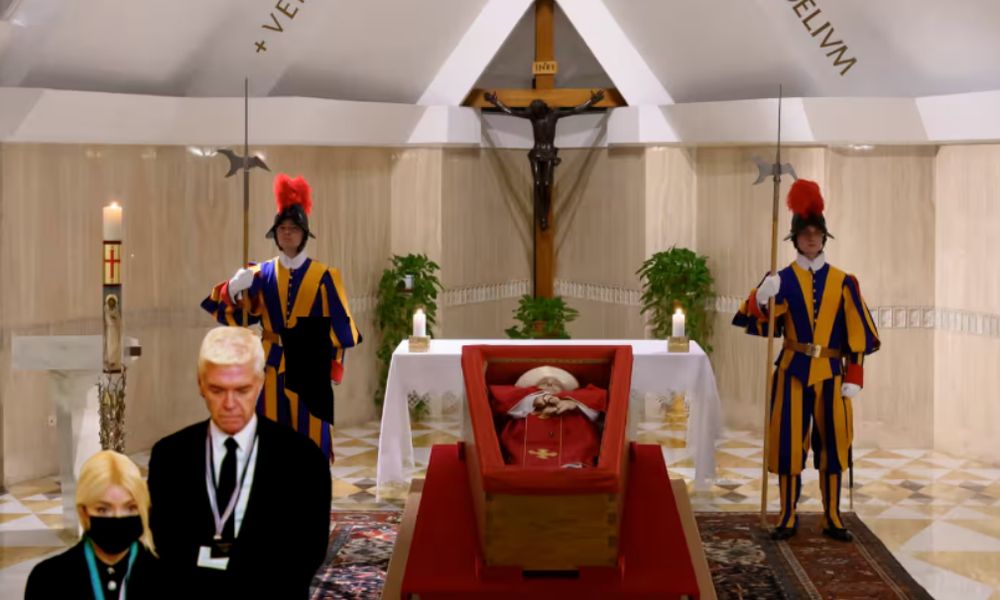 Photoshop of Phillip Schofield and Holly Willoughby jumping the queue to view Pope Francis's open coffin in the chapel of Casa Santa Marta.