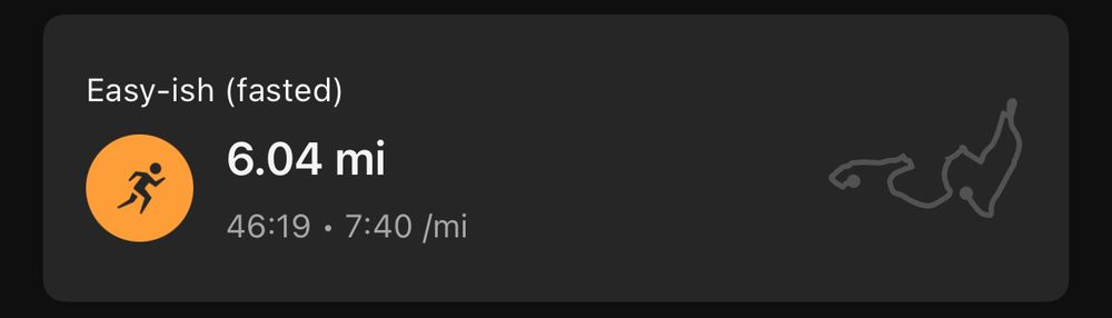 Screenshot of Garmin running stats

Easy-ish (fasted)

6.04 miles 

46:19

7:40 per mile