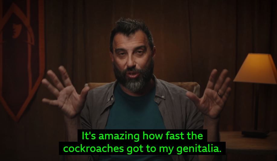 Screenshot of Brooke from The Traitors New Zealand series 1 being interviewed about one of the challenges.

Caption reads - "It's amazing how fast the cockroaches got to my genitalia". 