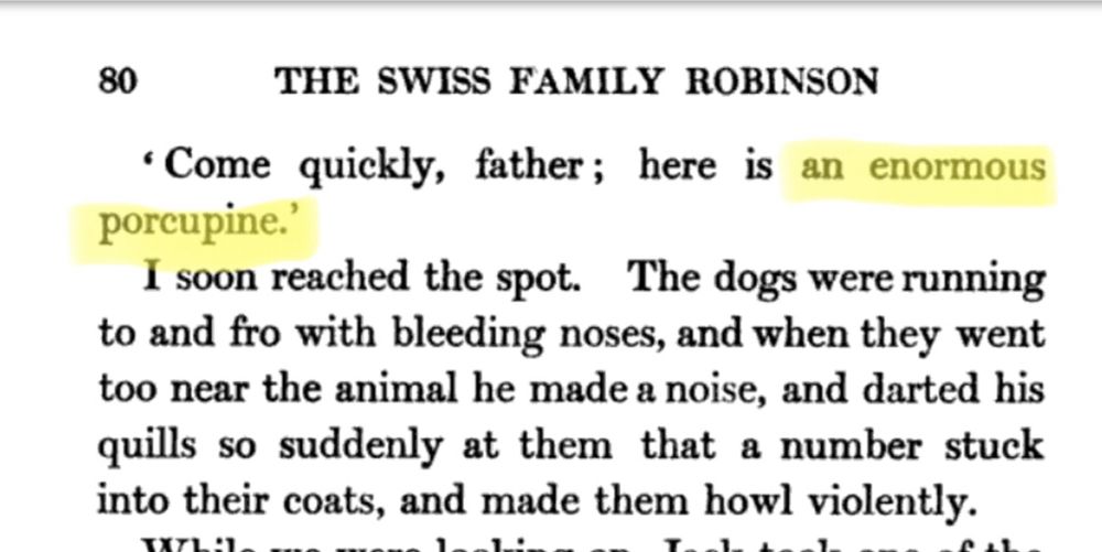 An excerpt from the book with “an enormous porcupine” highlighted.
