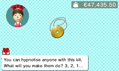 description of the hypnosis item in tomodachi life "you can hypnotise anyone with this kit. what will you make them do? 3, 2, 1 …"