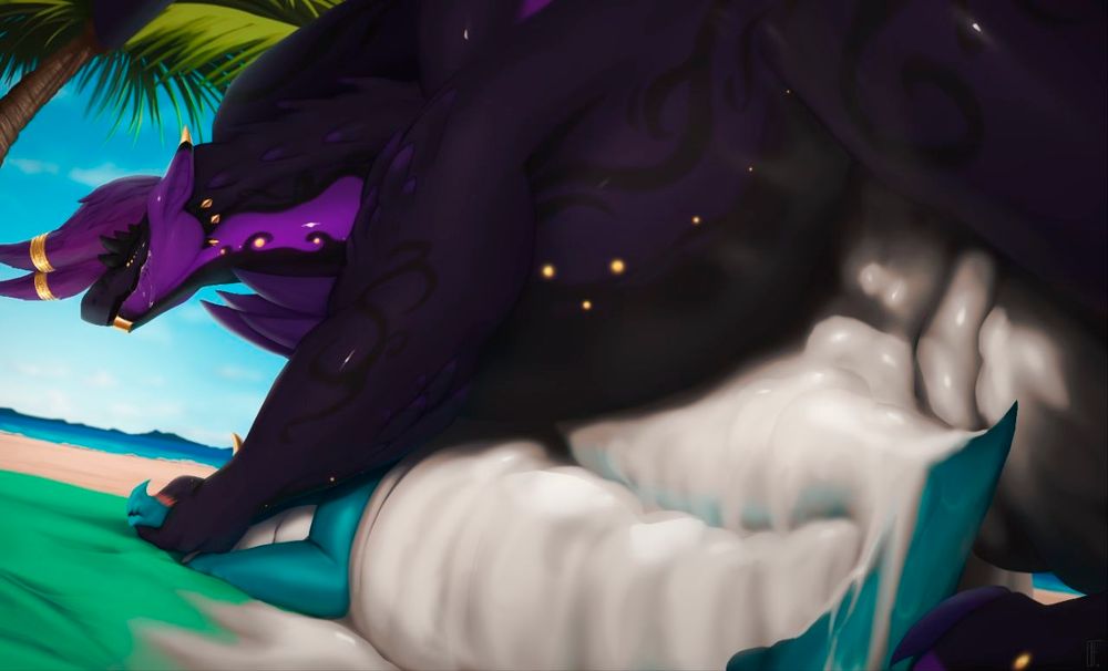 Mideilós firmly pinning Mitryll to the floor while fucking him on the beachside. Mideilós is drooling and squeezing his eyes shut as he cumflates the demon below in an intense climax, with a hot mess of seed spilling out all over Mitryll's back half and onto the towel they breed on.