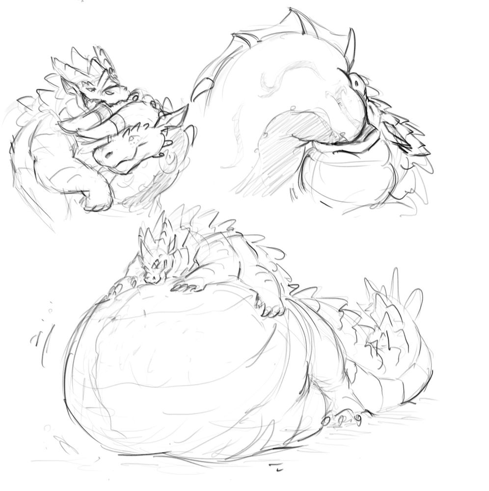A three part sequence of a dragon nibbling on an alatreon's horns, then proceeding to swallow all but his massive tail on the second part, then finally ending with a particularly full dragon laying on his gut.