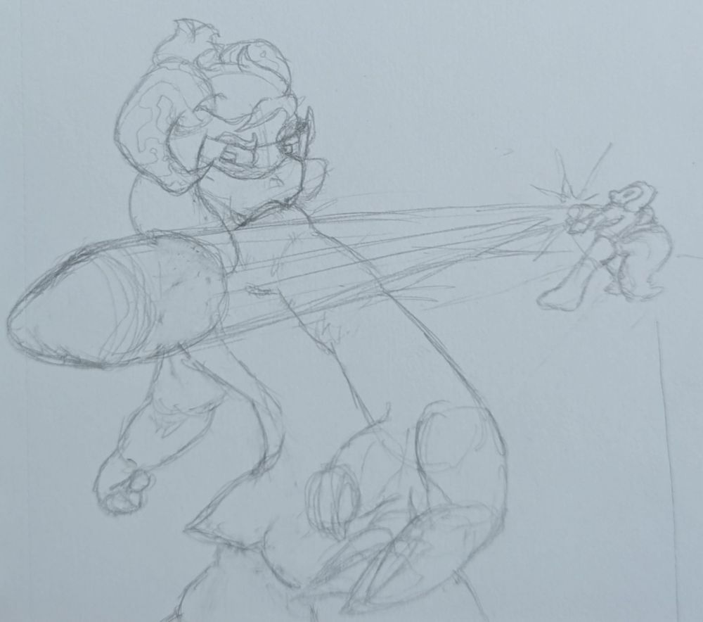 a sketch of a bullet whizzing past an anthropomorphic goat
