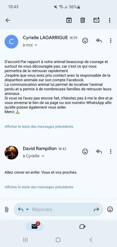 E-mail d'arnaque suite à une annonce de la perte d'un animal : proposition d'entrer en contact avec l'animal par la pensée pour le retrouver.