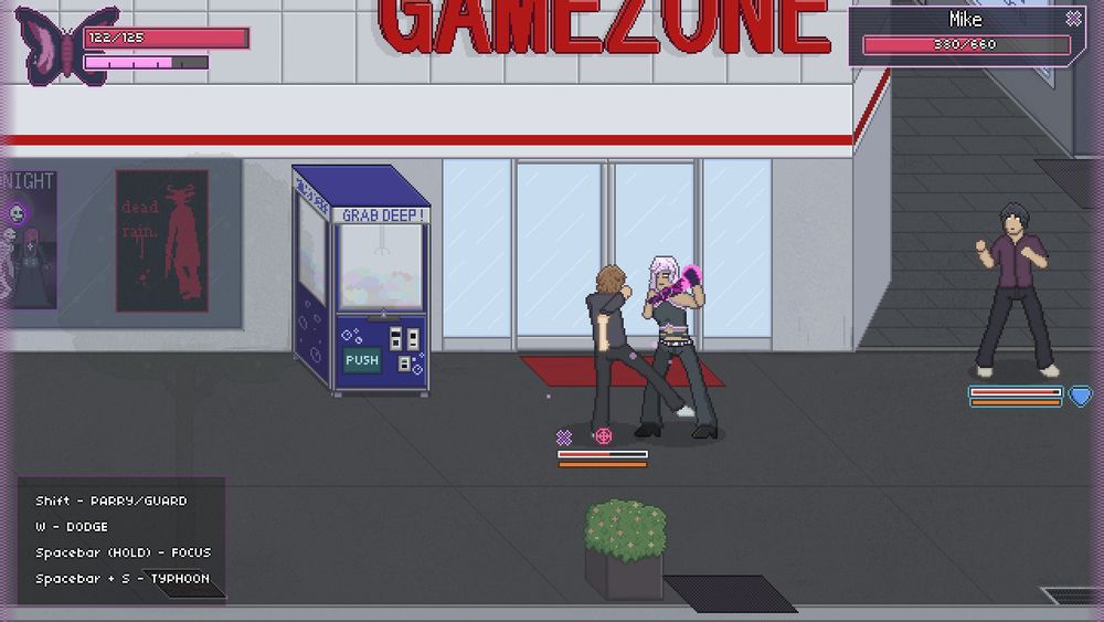 A gameplay screenshot of Saki fighting two opponents in a street.