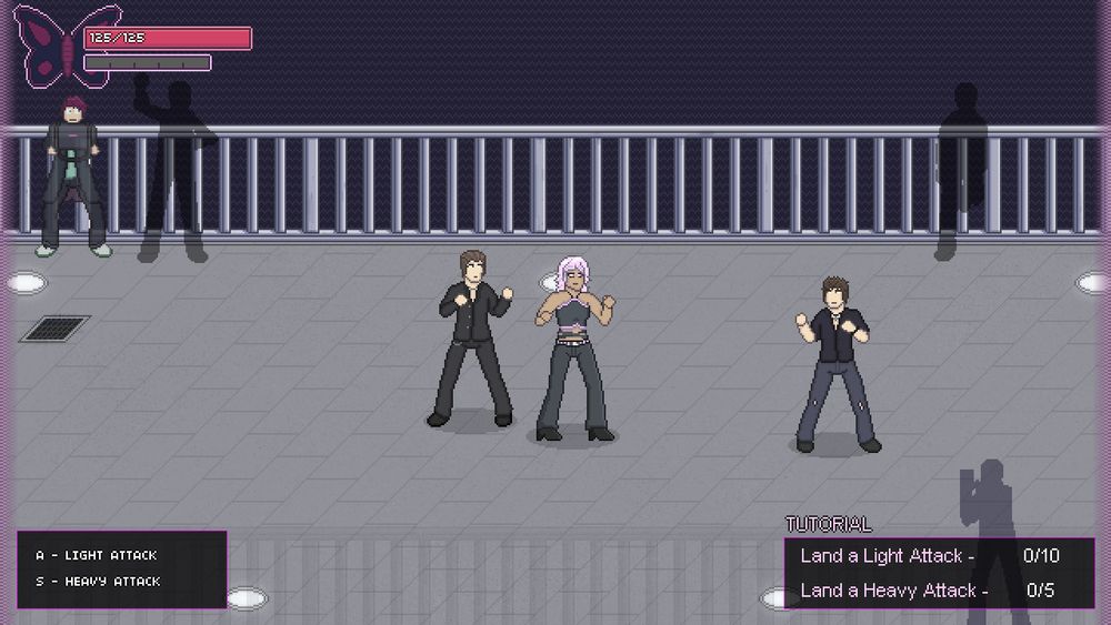 A screenshot of a battle, in which Sakiko is battling two rowdy punks.