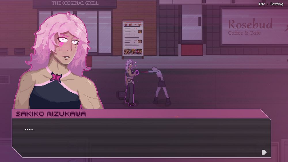 A screenshot of a cutscene in which Sakiko seems to have blocked the attack of a mannequin-like creature. Her hand and a scar over her right eye are glowing pink with some kind of magical power, surprising her.