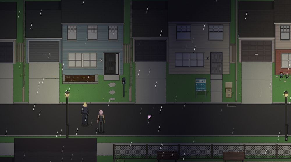 An in-game screenshot showing two characters standing on a suburban street on a rainy night.