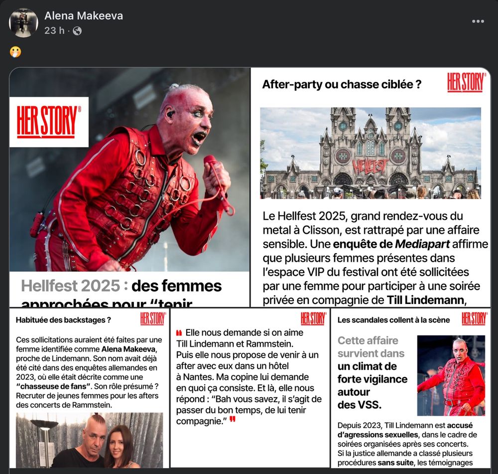 Capture d’écran de la réaction sur Facebook d’Alena Makeeva à une publication de la page « Her Story » sur l’affaire Till Lindemann au Hellfest.