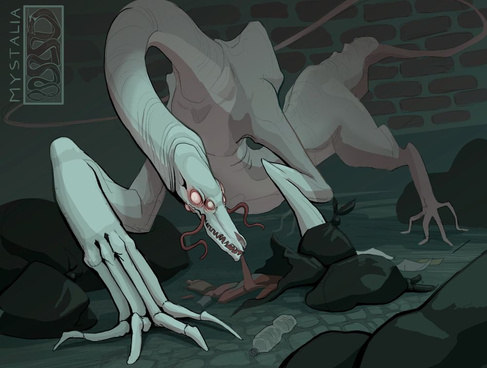 6-eyed monster going through trash