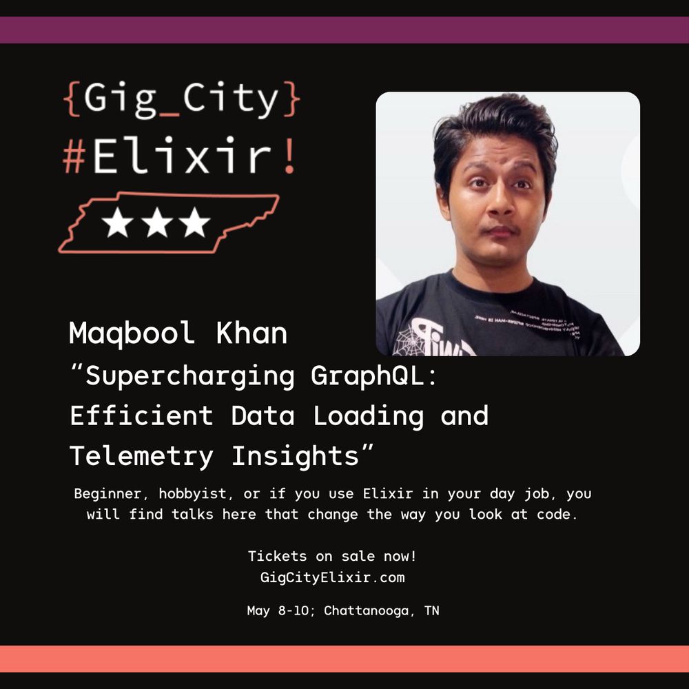Speaker card for Maqbool Khan - speaking at GigCityElixir 25. 