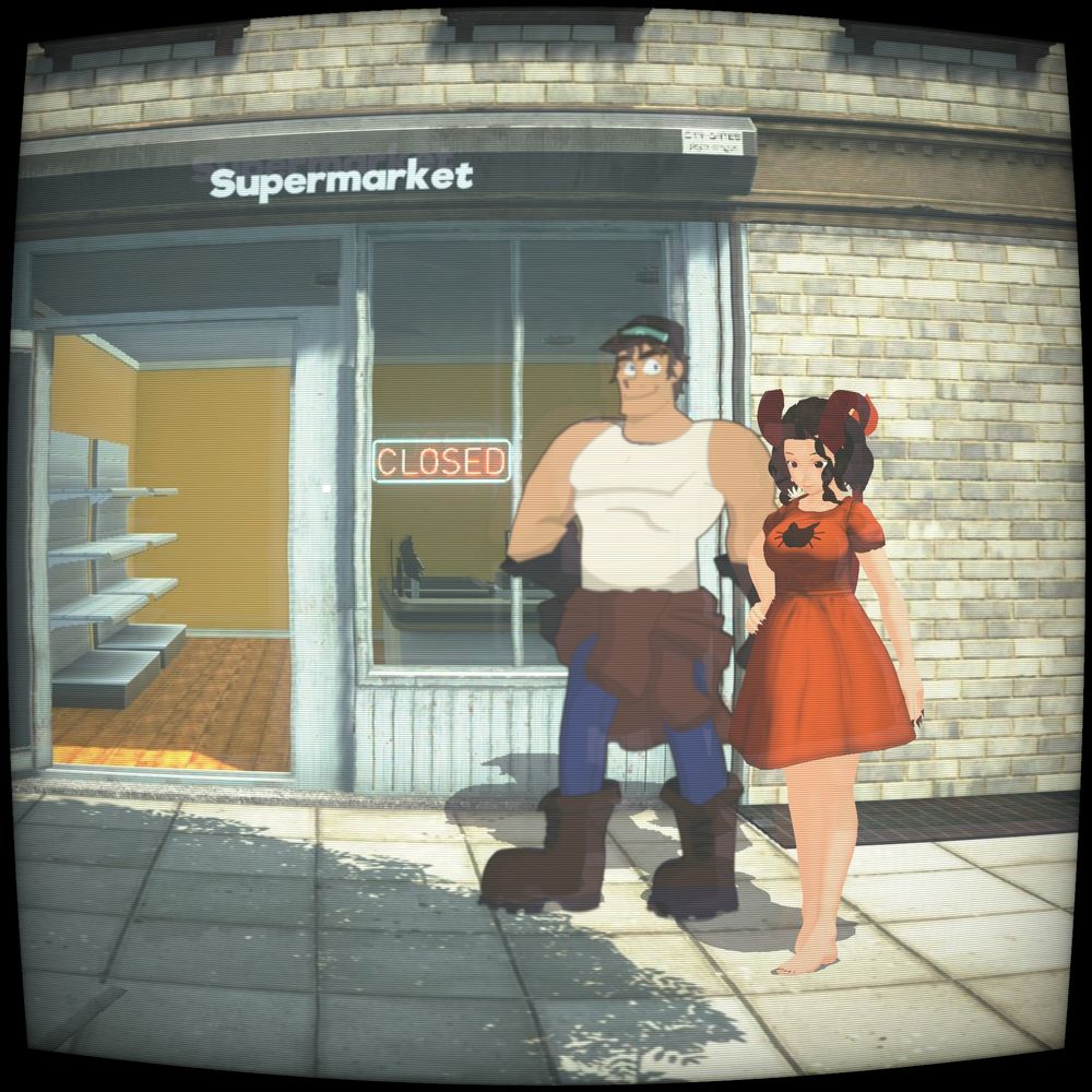 Ace and Raye standing in front of a little supermarket