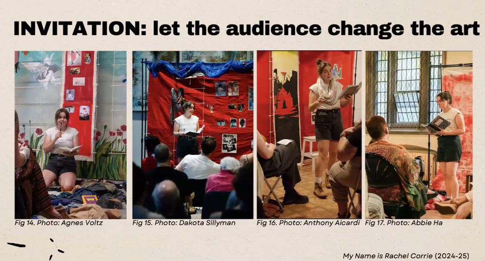 A series of vibrant images that feature an audience-engaged performances. Each image features a white femme actor in black short s and a white shirt, in front of a handmade primary-colored bright backdrop with photos on it, directly addressing seated audience members. In each image, she holds a white-and-black composition notebook. Above the images, text reads "Invitation: let the audience change the art"