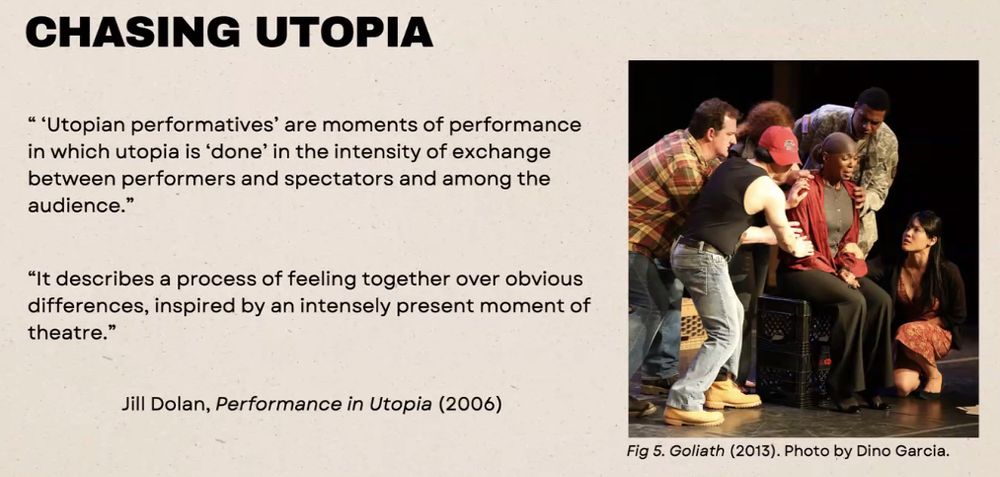 A slide from Alex Mallory's presentation, citing Jill Dolan's *Performance in Utopia*. The quote reads "Utopian performatives are moments of performance in which utopia is 'done' in the intensity of exchange between performers and spectators and among the audience." a second quote reads "it describes the process of feeling together over obvious differences, inspired by an intensely present moment of theatre." The slide also features an image of a black actress seated on milk crates onstage, surrounded by an ensemble of performers in contemporary costuming who appear to be supporting her. 