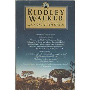 Book Cover for 
"Riddley Walker" by Russell Hoban. 
A night sky with stars over brown hills studded with trees. No signs of human presence. 