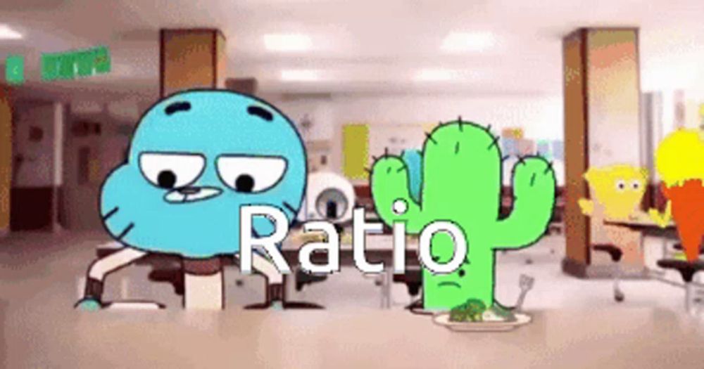 a cartoon character named gumball and a green cactus are standing next to each other in a school cafeteria .