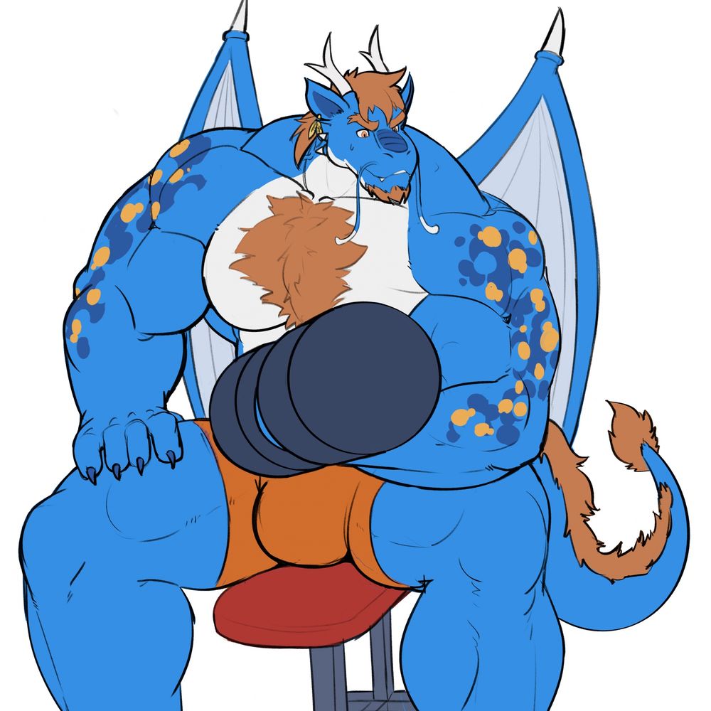 Yong is shown in a very muscular body type sitting on a weight bench doing a bicep curl with one arm. He is also wearing orange shorts and looks focused on the dumbbell/arm. 

#commission #sketch #furry #muscle #dragon