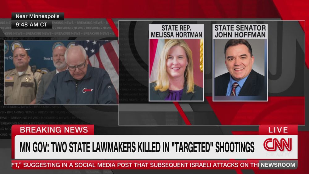 Screen grab from CNN TV channel with caption in the lower-third that says "MN GOV: TWO STATE LAWMAKERS KILLED IN "TARGETED" SHOOTINGS"