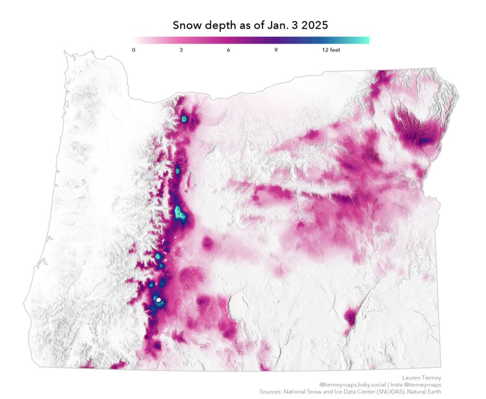 Map of snow depth across Oregon. Snow depth is higher in the mountains and in the eastern half of the state. 