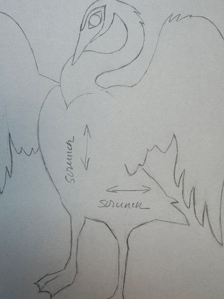 A pencil outline sketch of a swan with the notes “scrunch” scribbled in two directions with arrows.