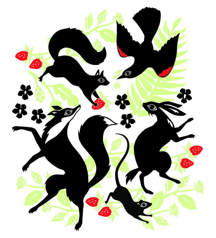 A three color graphic of animals in a graphic, folk-art style. There is a squirrel hanging from a tree branch coming from the left top of the image holding a strawberry in its front paws, a blackbird swoops downward from the right top, a fox stands on its hind legs in the lower left corner with its head turned up toward the squirrel, a mouse with a long tail runs from the bottom center toward the right, and a rabbit stands on its hind legs on the bottom right looking backwards and up toward the blackbird. All the animals are flat black with white patches. The background is a pattern of strawberry leaves, ferns, and alder branches in flat light green and bright red.