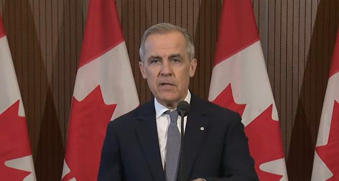 Photo of Canadian Prime Minister Mark Carney at today's press conference.
