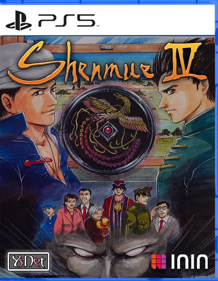 A beautiful mock cover art for Shenmue IV PS5 version features Ren and Ryo sharing a train cabin, the phoenix mirror, and other characters 