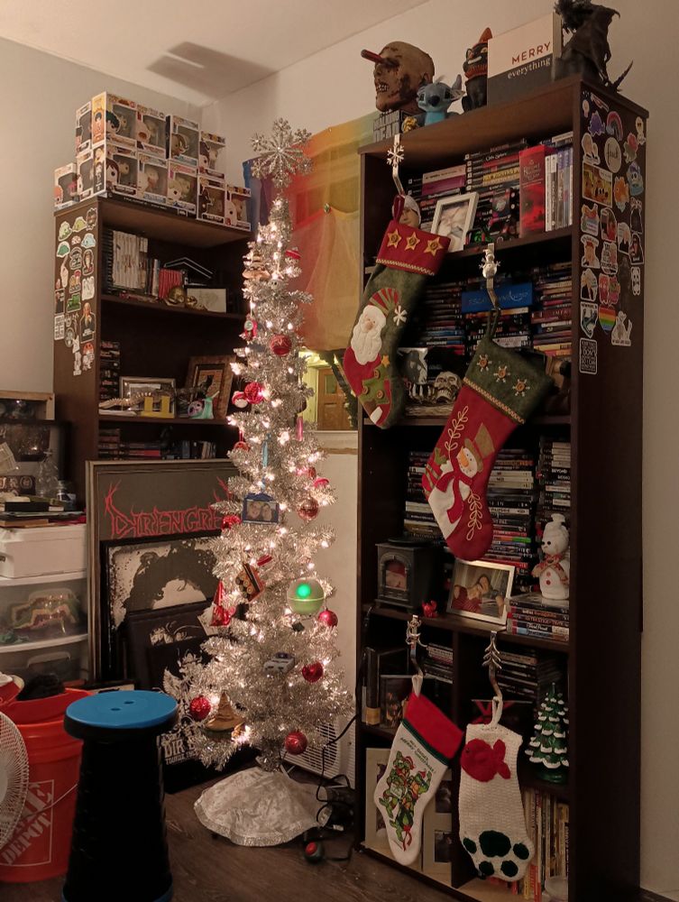 Silver tinsel pencil tree under a window and between two stuffed bookcases. Stockings hang over the contents of the right bookcase. 