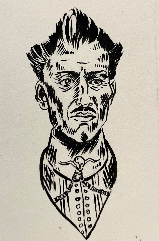 A black brush and ink drawing on paper of Emmrich volkarin from dragon age the Veilguard 