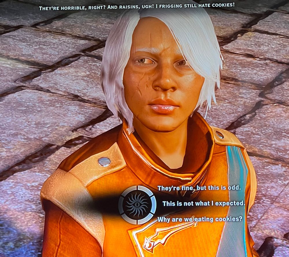 Female dwarf with white short hair and facial scars sitting on the roof with Sera eating cookies 