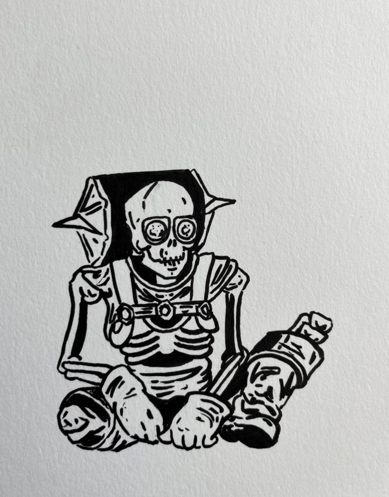 An ink brush drawing of Manfred the spirit of curiosity skeleton sitting cross legged in boots and gloves smiling with a big backpack on from dragon age the Veilguard 