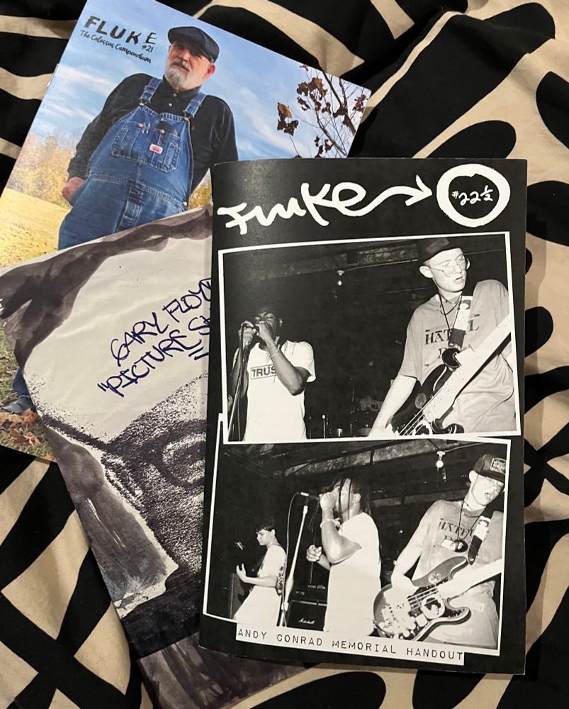 Three zines on my bedsheets. All from fluke publishing fluke fanzine 
Fluke issue number 22 and a half Andy Conrad memorial handout 
Gary Floyd “picture show” fluke publishing number 22
Fluke number 21 the colossus compendium 