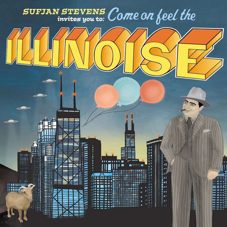 Album cover for sufjan Stevens invites you to come on feel the Illinoise 
Illustrations of the city of Chicago some balloons a 1920s gangster and a goat 