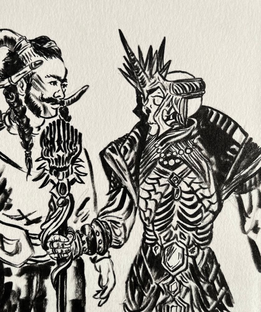 An ink drawing done with brush on paper of my OC Qunari Rook named Guy with black mustache and long braids with two large curly horns. He is staring at Emmrich who is wearing his full Lich armor and holding a skull shaped staff in one hand. His face is a skull and adorned with a metallic crown. From dragon age the Veilguard 