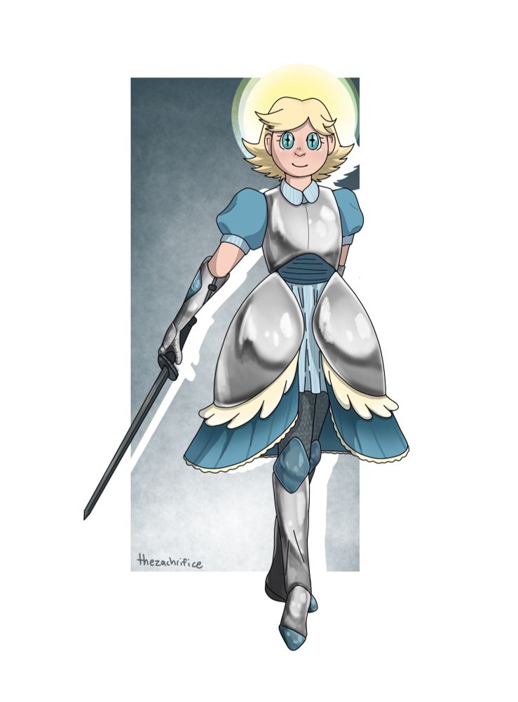 An armor-clad aasimar woman with short blonde hair and bright blue eyes. She is white. Her armor is not form fitting and instead forms almost a gown. The dress accents are blue-teal with bits of off-white lace along some edges. I did this for art fight like two years ago lol