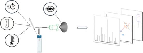 A direct headspace injection method is presented and optimized for the analysis of volatile organic compounds (VOCs) using dielectric barrier discharge ionization-mass spectrometry (DBDI-MS), incorporating an intermediate vial in which the sample headspace is injected. The setup is built of commonly available, cheap consumable parts and easily enables the incorporation of different gases for generating different ionization atmospheres. The method can be fully automated by using standard GC autosamplers, and its rapid analysis time is suitable for high-throughput applications. We show that this method is suitable for both profiling analysis of complex samples such as biofluids and quantitative measurements for real-time reaction monitoring. Our optimized method demonstrated improved reproducibility and sensitivity, with detection limits for compounds tested in the high nanomolar to the low micromolar range, depending on the compound. Key parameters for method optimization were identified such as sample vial volume, headspace-to-liquid ratio, incubation temperature, and equilibration time. These settings were systematically evaluated to maximize the signal intensity and improve repeatability between measurements. Two use cases are demonstrated: (i) quantitative measurement of ethanol production by a metal–organic framework from CO2 and (ii) profiling of biofluids following the consumption of asparagus.