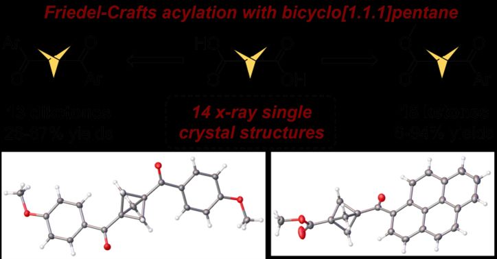Bicyclo[1.1.1]pentane is a rigid aliphatic hydrocarbon with a three-dimensional (3D), propeller-like shape and a molecular size which makes it a targeted bioisosteric replacement for phenylene and acetylene groups in medicinal chemistry. For the pharmaceutical application of BCP, simple, efficient, and cost-effective synthetic tools are required to enable the exploration of BCP’s potential as a bioisostere across a broad chemical space. The synthesis of BCP mono- and diketones remains a challenging task, limited by both substrate scope and expensive photocatalysts. Here we present a protocol for Friedel-Crafts acylation of (hetero)aromatic hydrocarbons with BCP acyl chlorides; in particular, the first method to access diaromatic BCP 1,3-diketones. Reaction optimization, substrate scope, and reactivity of the products are discussed. 35 mono- and diketones are reported accompanied by 7 examples of post-synthetic modifications. The synthesis of a BCP analogue of fenofibrate is reported.