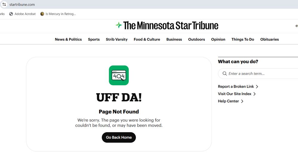 The Star Tribune homepage with a 404 error