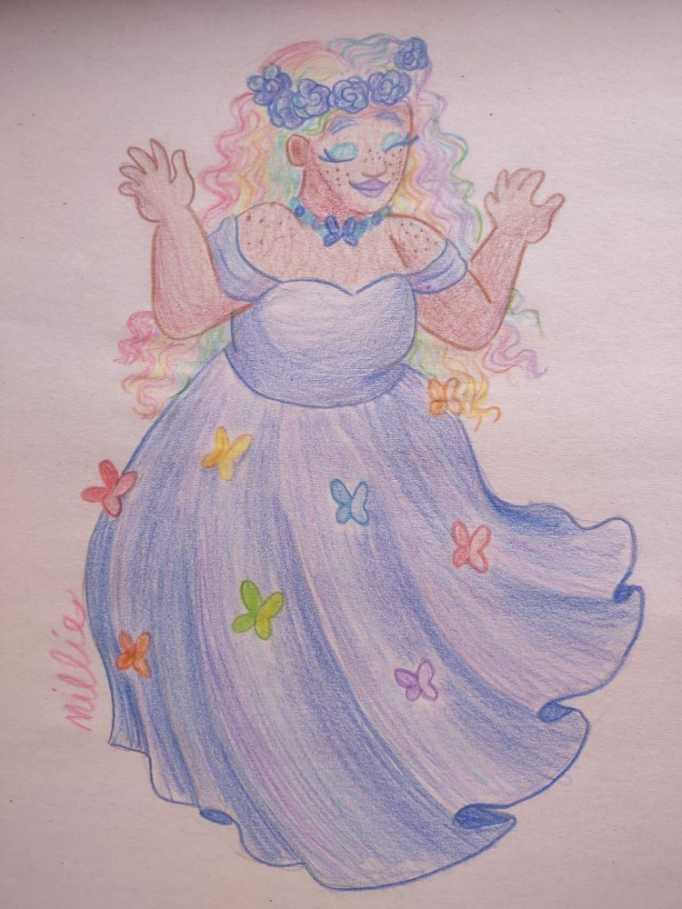 Illustration of a black woman with long, rainbow hair closing her eyes and twirling in a blue ballgown adorned with rainbow butterflies. She wears a blue flower crown, rainbow butterfly necklace with matching butterfly earrings