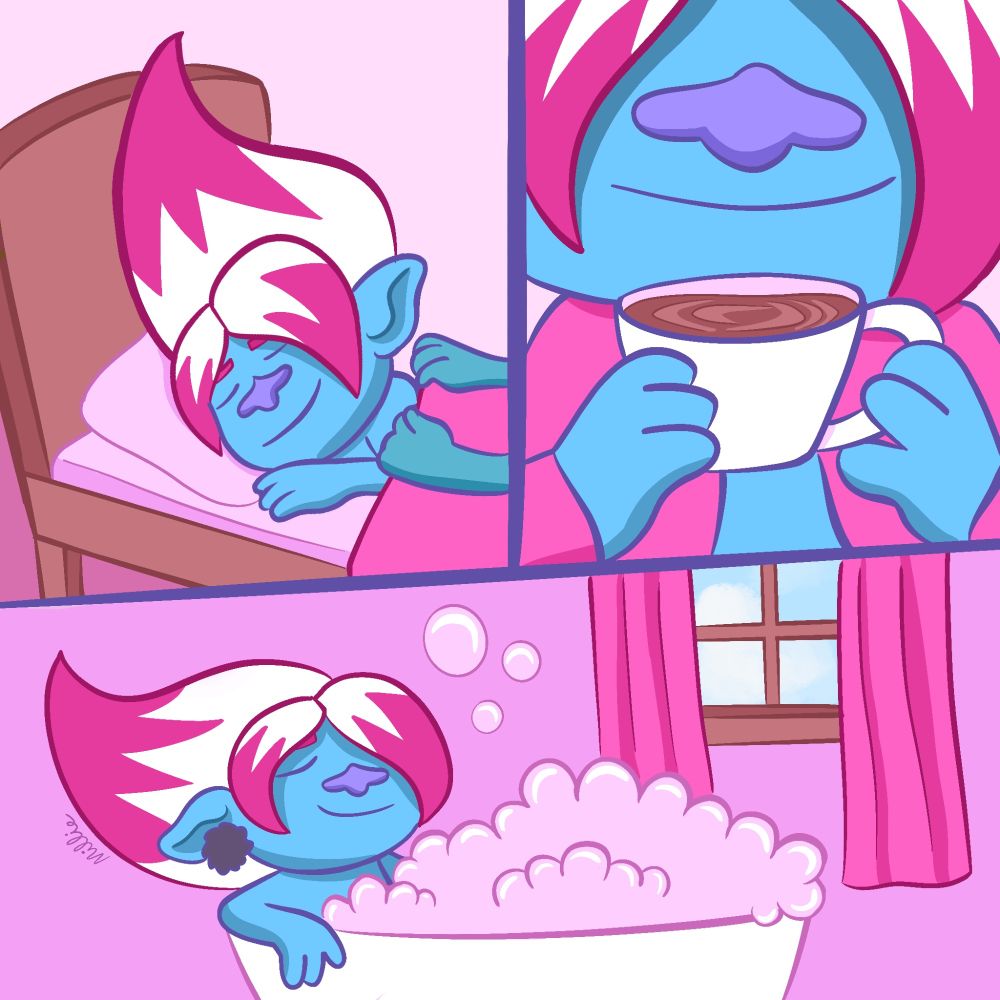 Comic rendered in a limited mostly pink color palette depicting Floyd from Trolls Band Together. The first panel is him being tucked into bed. The second panel is a closeup on him wearing a blanket over his shoulders and drinking tea. The third panel shows him relaxed in a bubble bath