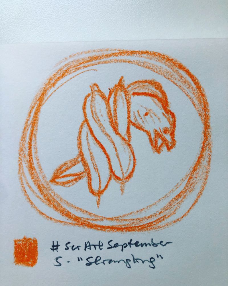 Vertical photo of a crayon drawing of a circle with a moray eel depicted in the style of a strangle knot.