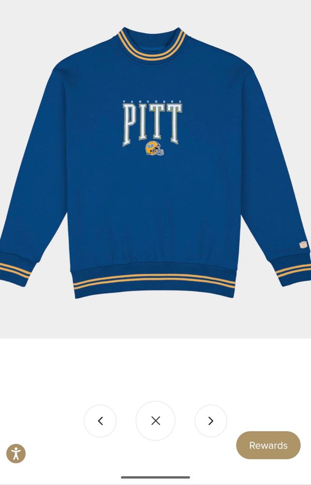 Homefield Apparel's "Pitt Football Embroidered Tri-Strip" Crewneck. Royal Blue sweatshirt with Gold stripes at the neck, sleeves, and bottom hemline. Embroidered curved Serif "Pitt" with Panthers in all captital letters above it and a Gold Pitt football helmet underneath

the nastiest, coziest, most beautiful sweatshirt I have ever seen in my life