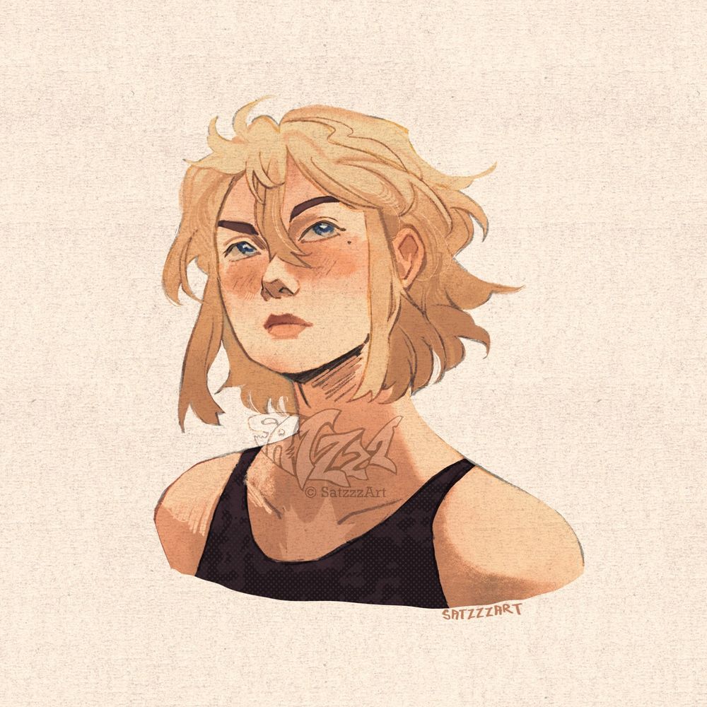 a digital portrait of a blonde character, lightly shaded, a paper texture over it